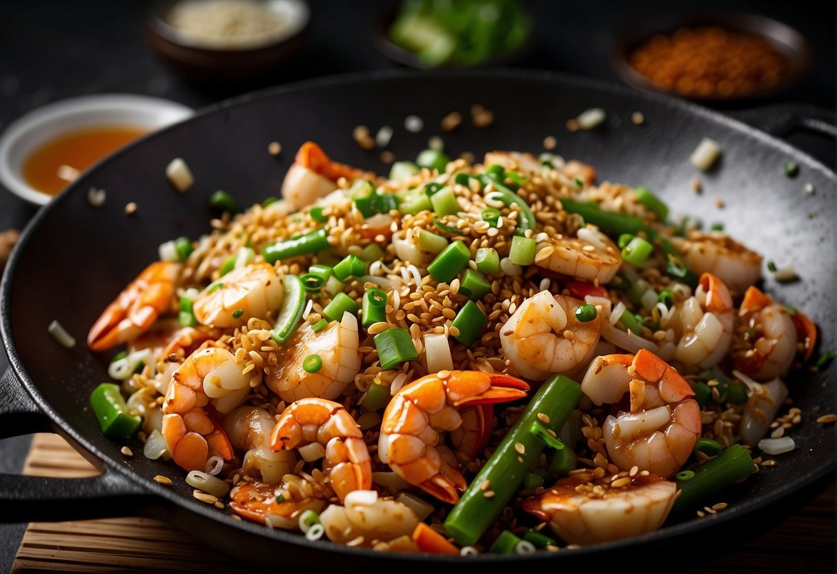A wok sizzles with stir-fried crab meat, ginger, and scallions. A splash of soy sauce and a sprinkle of sesame seeds add the finishing touches