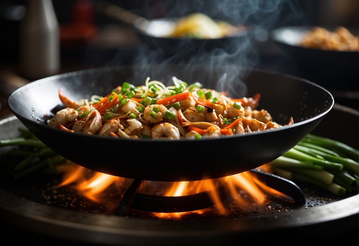 A wok sizzles as crab meat is stir-fried with ginger, garlic, and scallions. A splash of soy sauce adds a savory aroma to the dish