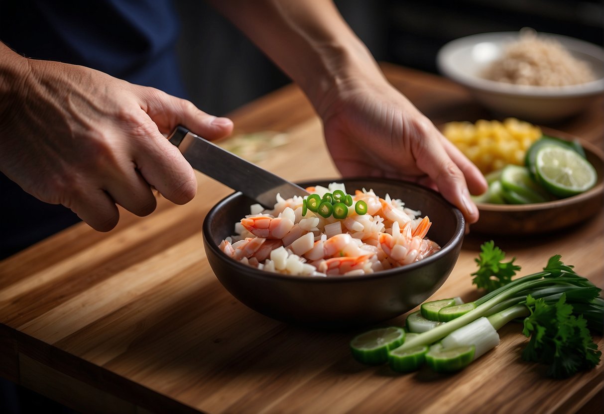 A hand reaches for a bowl of fresh crab meat, ginger, and green onions. A knife and cutting board are ready for preparation