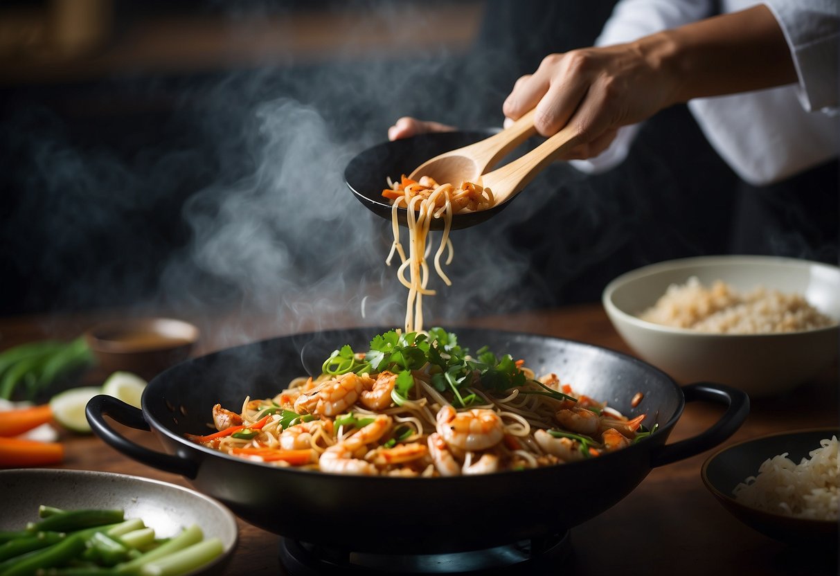 A wok sizzles with stir-fried crab meat, ginger, and scallions. A chef adds soy sauce and rice wine, creating aromatic steam