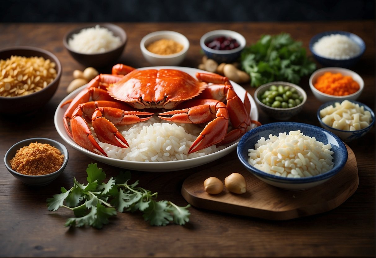 A table spread with ingredients for Chinese crab meat recipe, including nutritional information labels and dietary considerations