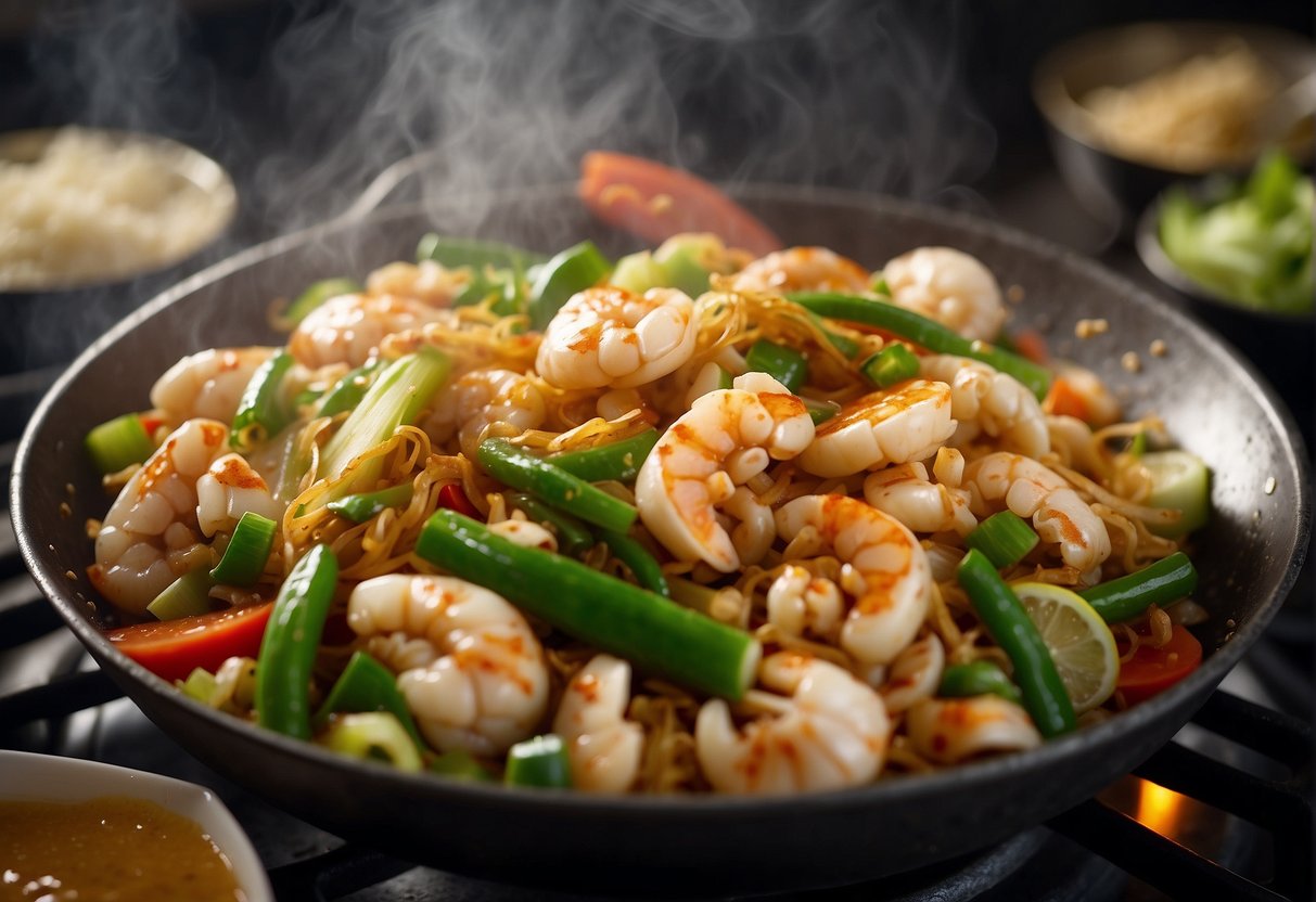 A wok sizzles as crab meat, ginger, and scallions are stir-fried in a fragrant sauce. Steam rises as the ingredients meld together, creating a mouthwatering aroma