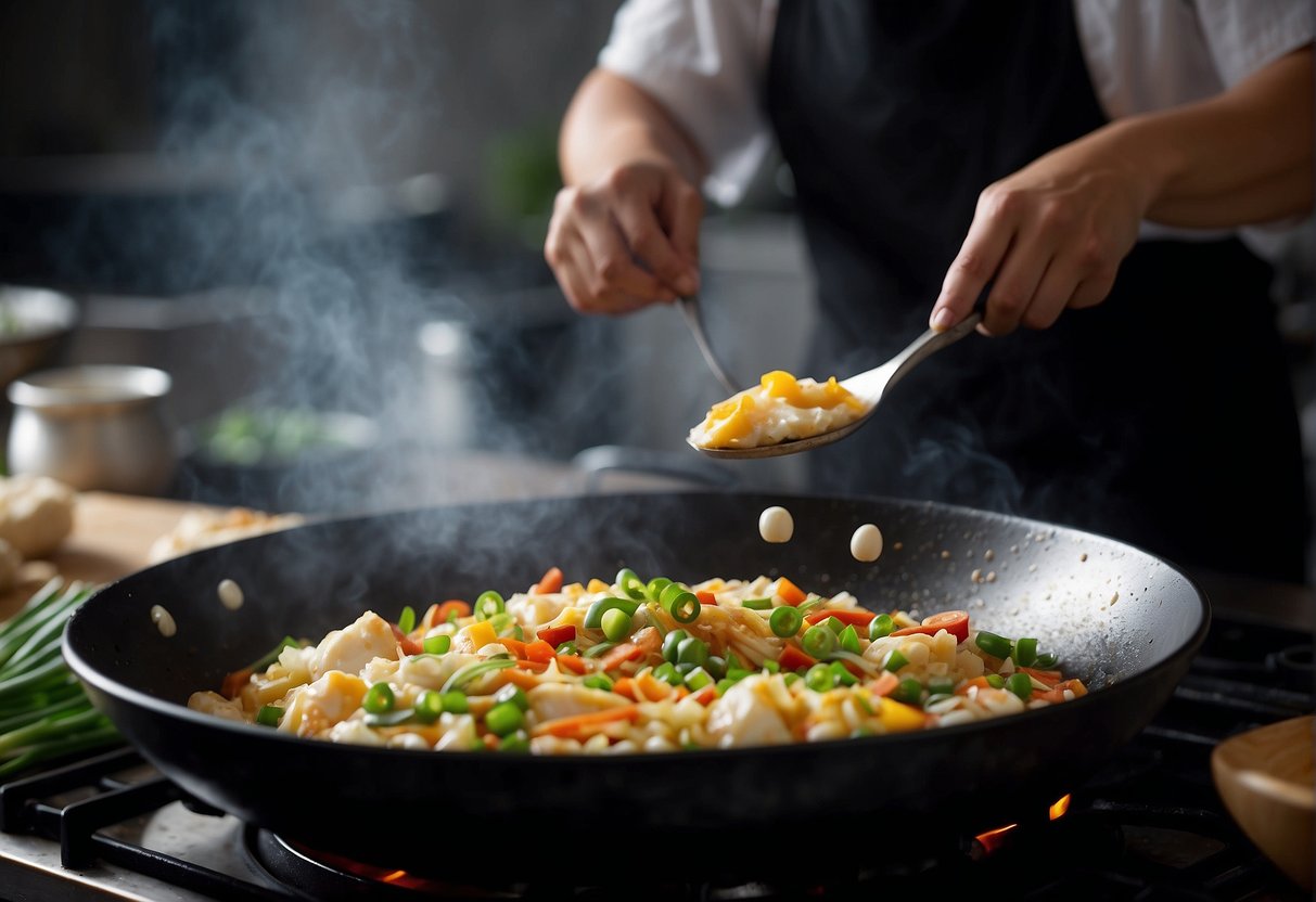 A wok sizzles as a chef stir-fries crab meat, eggs, and green onions. A savory aroma fills the air as the omelette takes shape