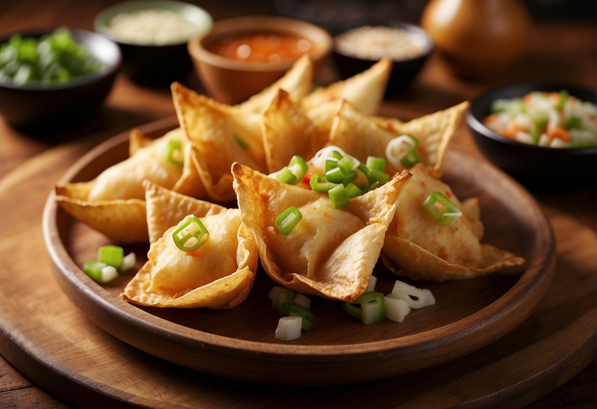 A plate of freshly fried Chinese crab rangoon sits on a bamboo serving tray, garnished with a sprinkle of chopped green onions and a side of sweet and sour dipping sauce