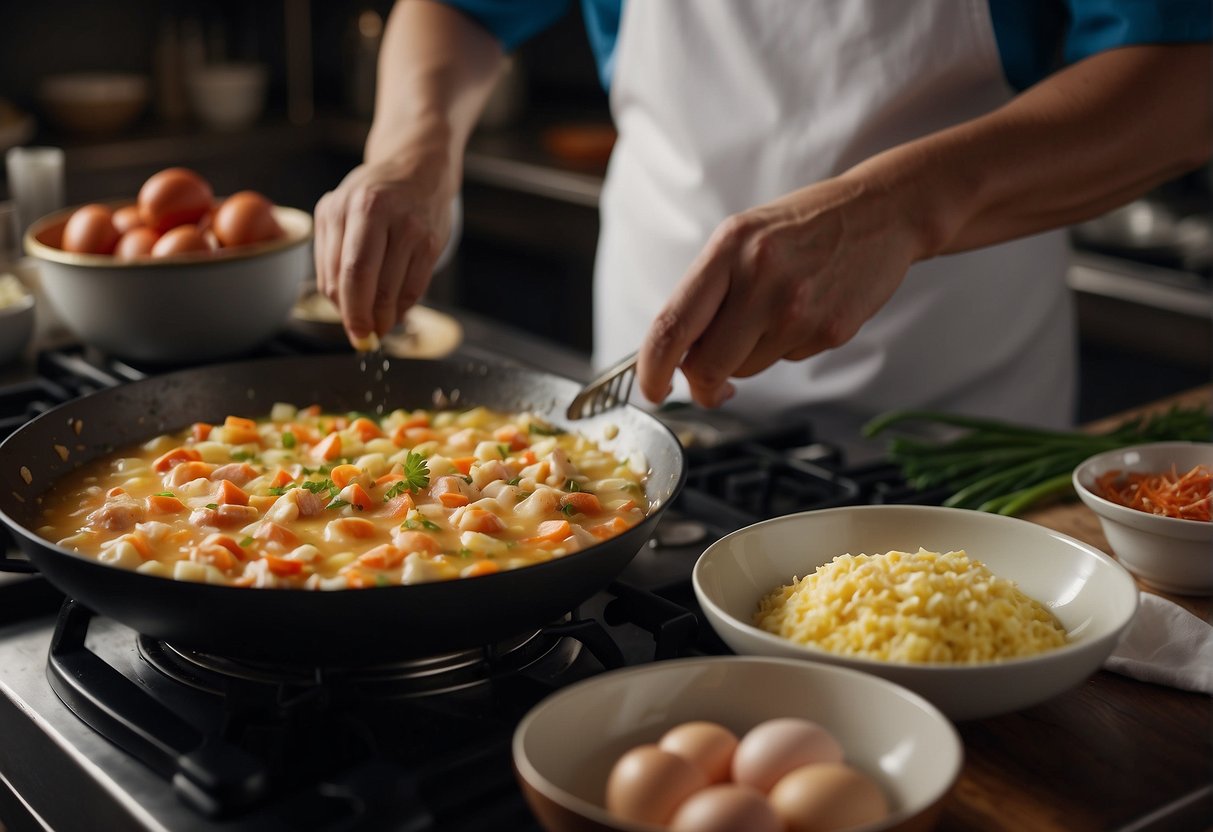 A chef mixes crab meat, eggs, and seasonings in a bowl. A sizzling pan awaits the mixture, ready to be poured and cooked into a flavorful Chinese crab omelette
