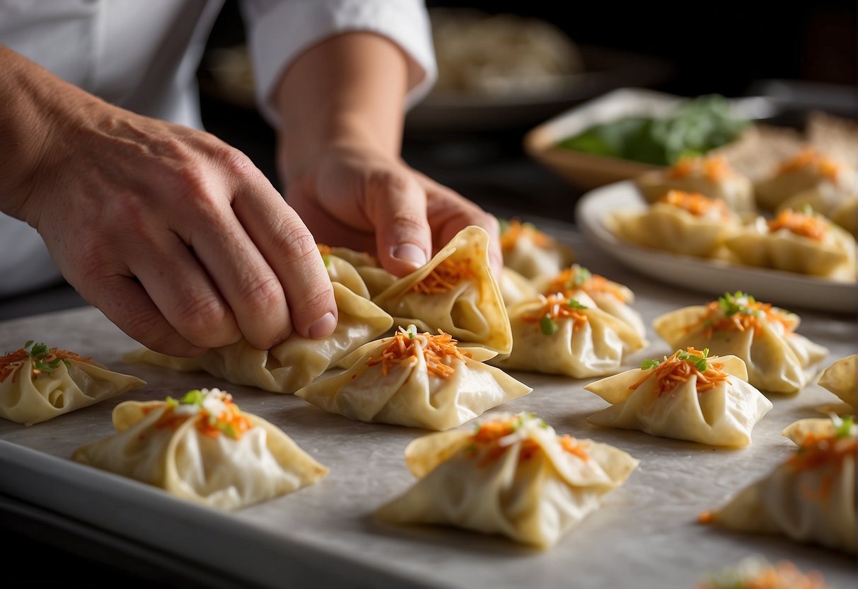 A chef folds wonton wrappers around a savory crab and cream cheese filling, preparing to fry them to golden perfection