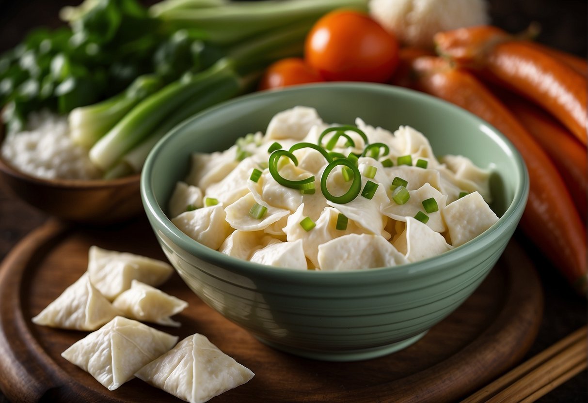 A table with ingredients like cream cheese, crab meat, wonton wrappers, and green onions. Substitutes such as imitation crab, tofu, or scallions are also displayed