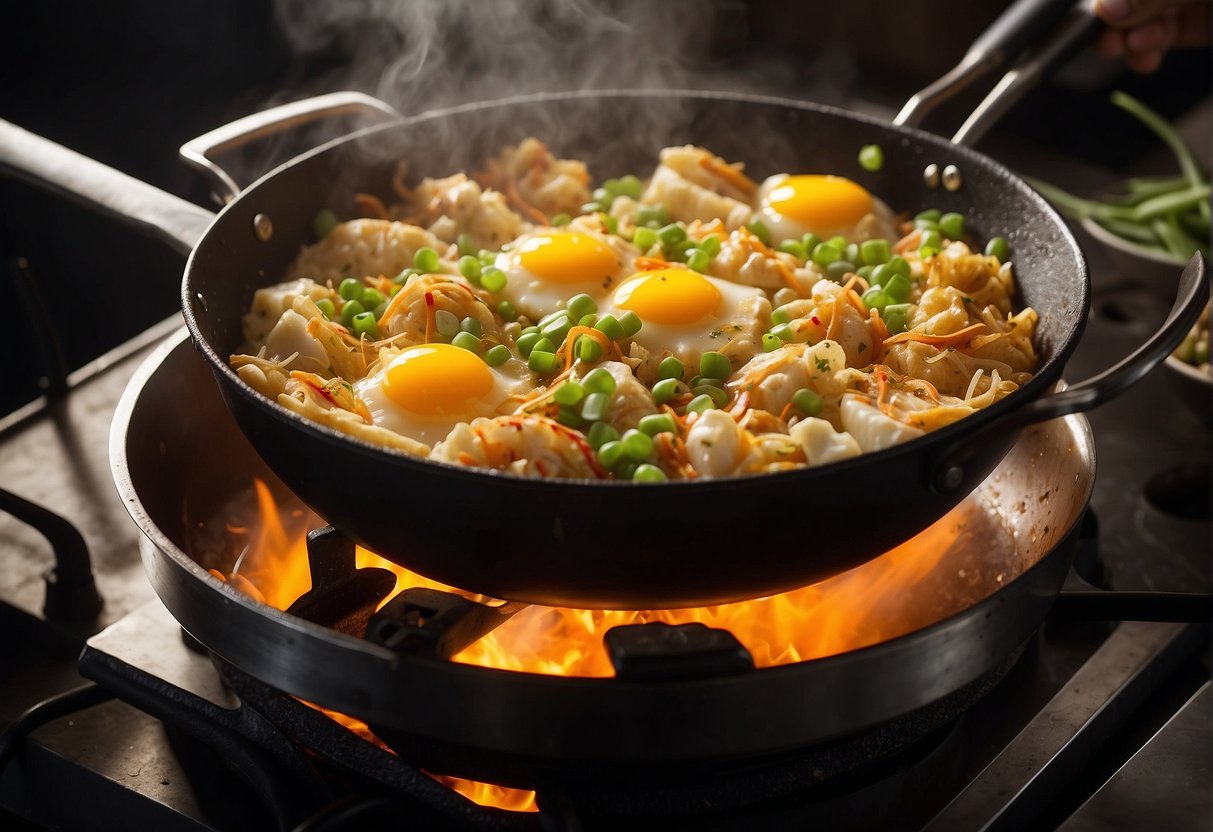 A wok sizzles as crab meat, eggs, and green onions are stirred together. Steam rises as the omelette is flipped and cooked until golden brown