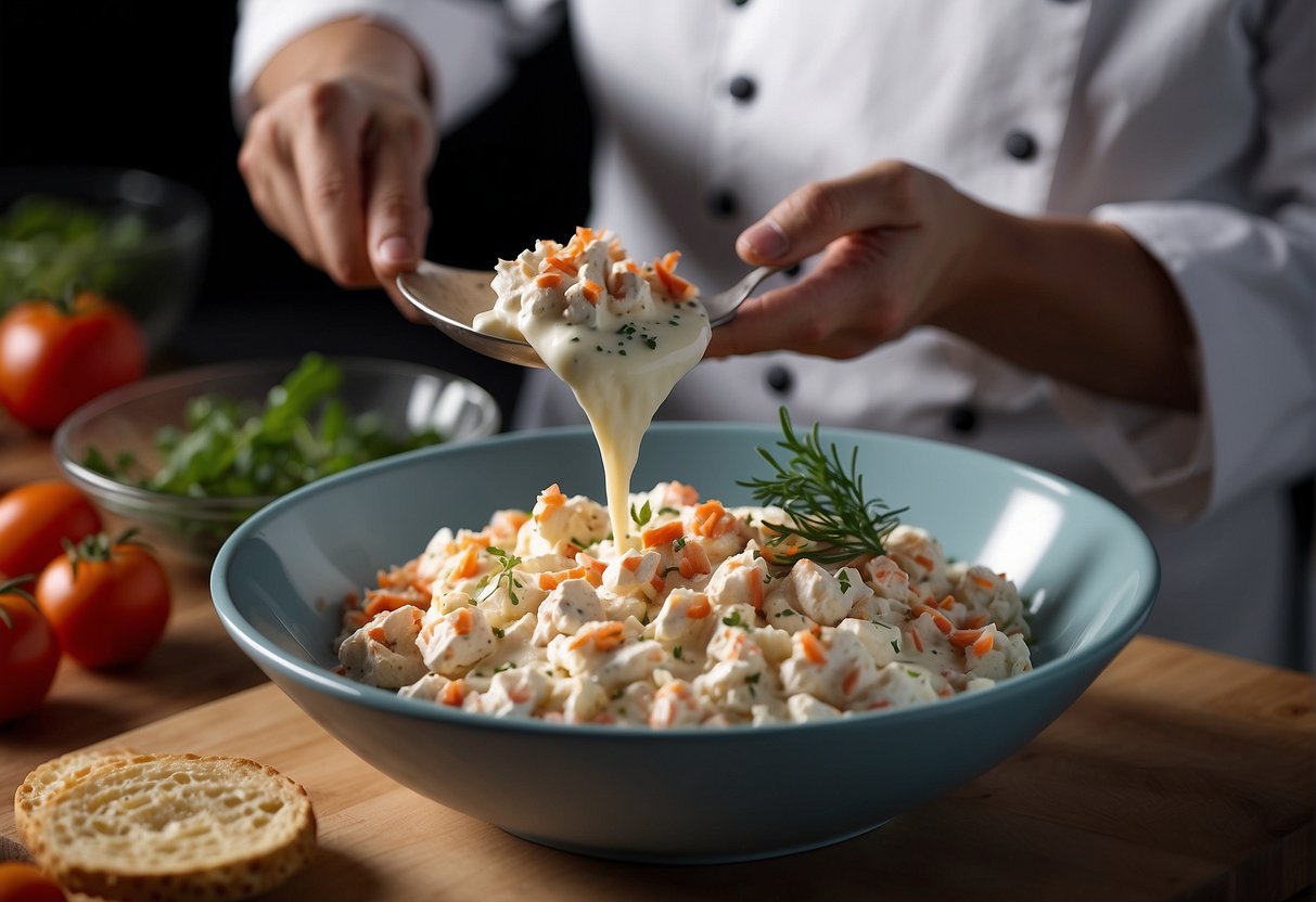 A chef mixes cream cheese, crab meat, and seasonings in a bowl