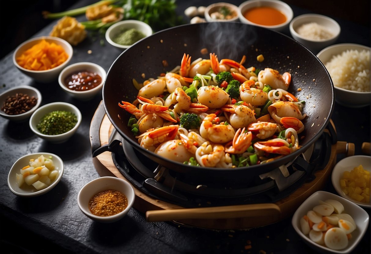A wok sizzles with crab, eggs, and a medley of Chinese sauces and seasonings, creating a tantalizing aroma that fills the kitchen