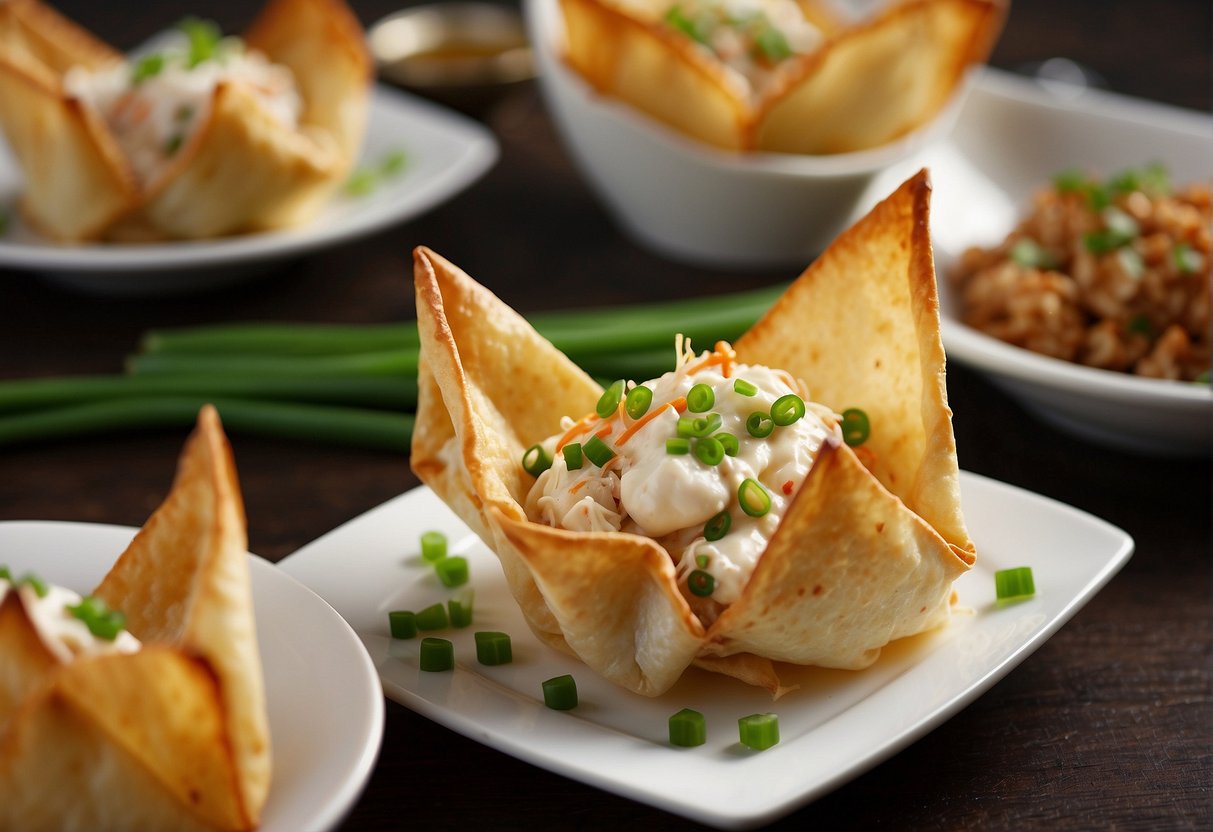 Crab meat mixed with cream cheese, green onions, and seasonings. Spoon filling onto wonton wrappers, fold into triangles, and fry until golden brown