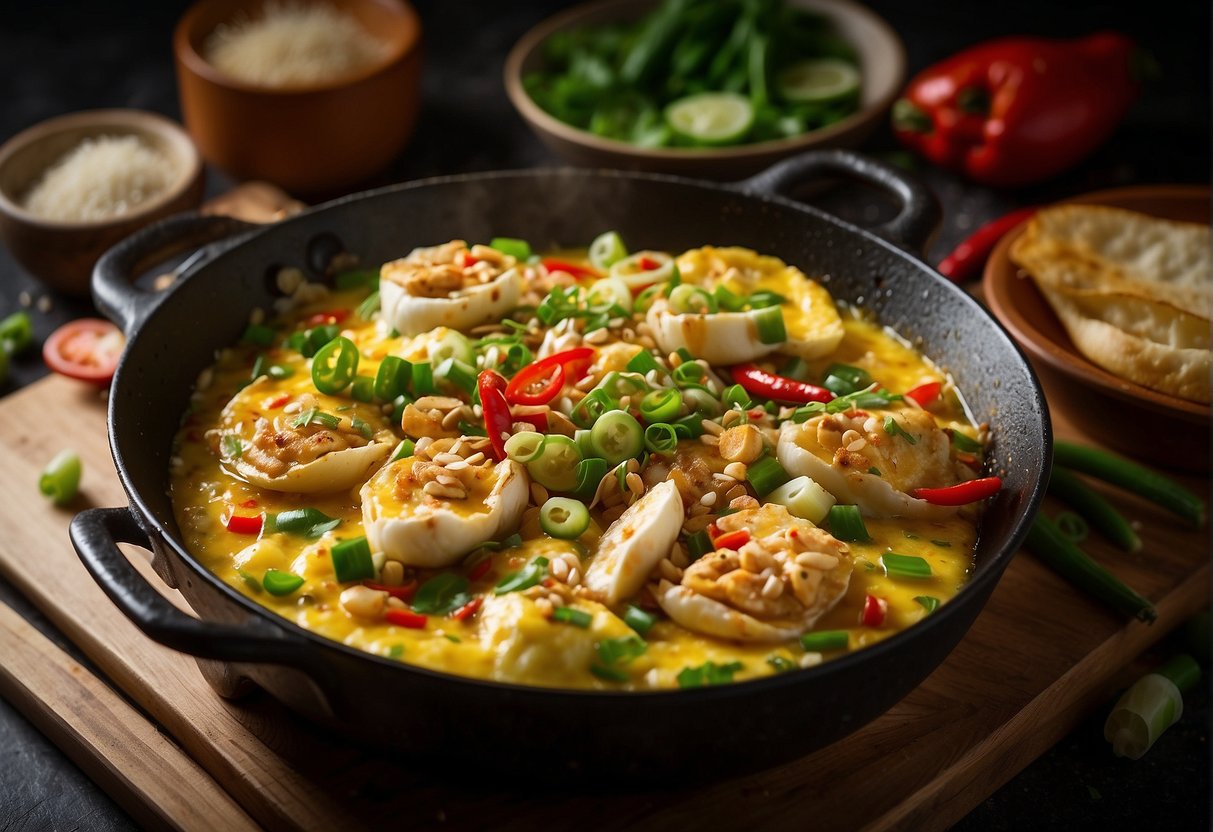 A sizzling hot wok with a golden-brown crab omelette, surrounded by vibrant green scallions and red chili peppers. Soy sauce and sesame seeds glisten on the dish