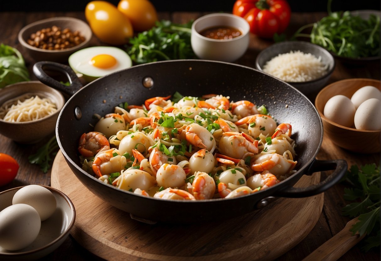 A sizzling wok with crab, eggs, and aromatic Chinese spices, surrounded by bowls of fresh ingredients and a recipe book open to "Frequently Asked Questions Chinese Crab Omelette."