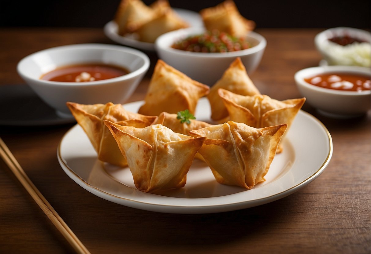 A table set with a platter of golden brown crab rangoons, surrounded by dipping sauces and chopsticks. A stack of white plates and a container of extra rangoons sit nearby