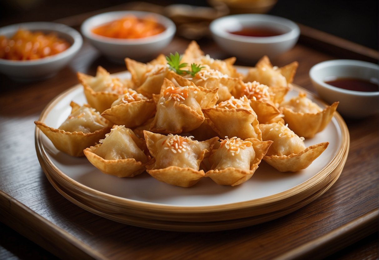 A plate of freshly fried Chinese crab rangoon sits on a bamboo serving tray, surrounded by small dishes of sweet and sour sauce