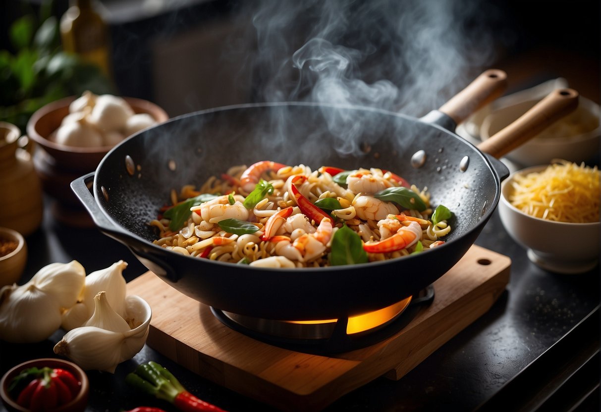 A wok sizzles with ginger, garlic, and chili as a crab is added. Soy sauce and rice wine create steam, filling the kitchen with savory aroma