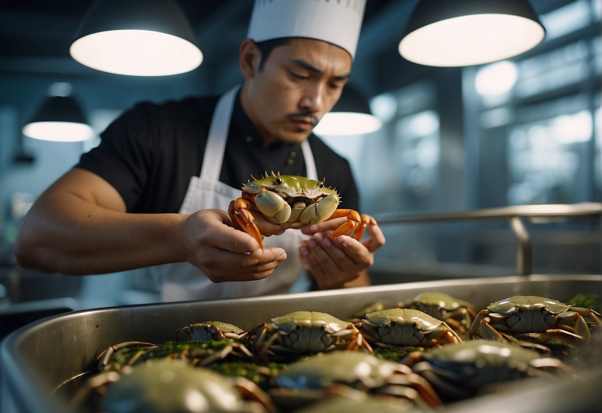 A chef carefully chooses live crabs from a tank, inspecting their size and freshness for a Chinese crab recipe