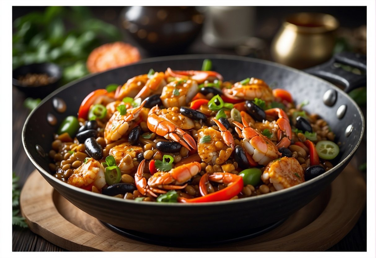 A wok sizzles with crab in a savory black bean sauce, surrounded by vibrant Chinese spices and fresh ingredients