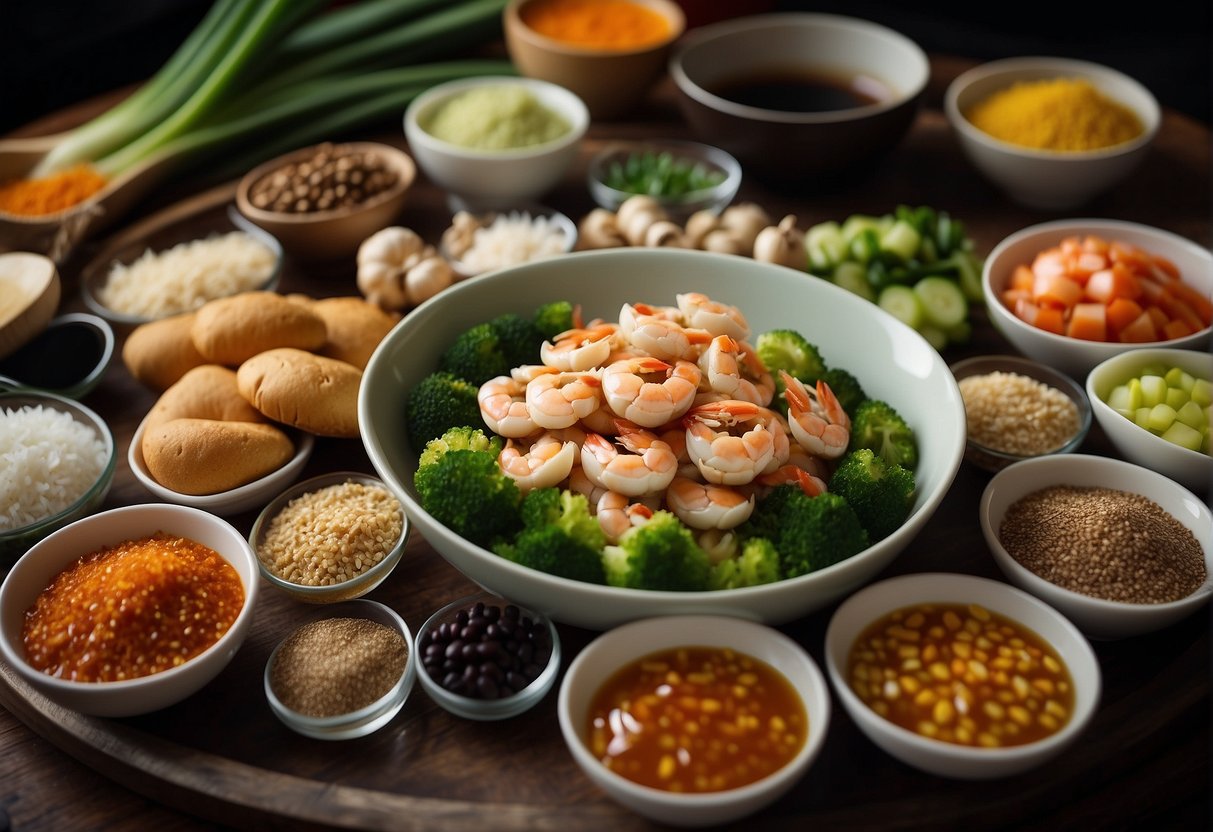 A table filled with various seasonings and sauces, including soy sauce, ginger, garlic, and green onions, alongside a fresh crab ready to be prepared in a Chinese recipe