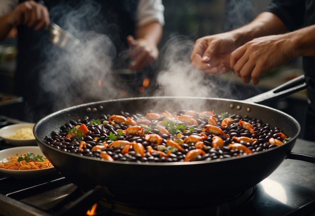A chef mixes black beans with crab in a wok. Ingredients surround the cooking area. Steam rises from the sizzling dish