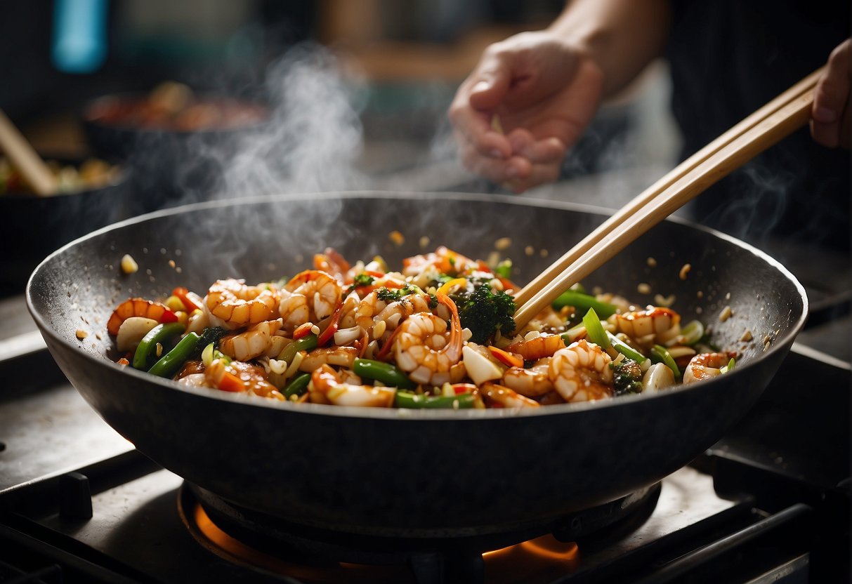 A wok sizzles as a chef stir-fries crab with ginger, garlic, and scallions. A splash of soy sauce adds depth to the savory aroma