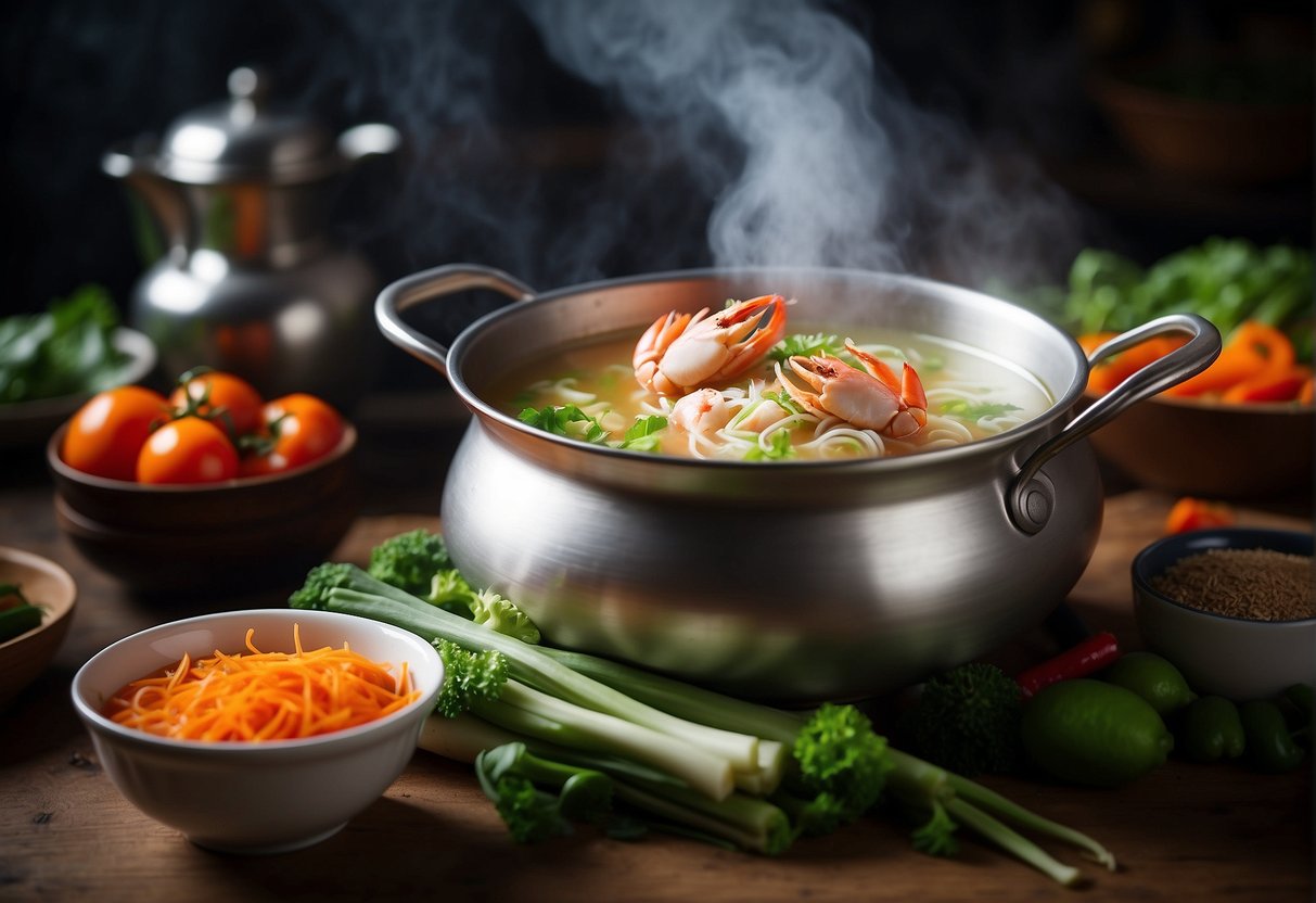 A steaming pot of Chinese crab soup surrounded by fresh vegetables and aromatic spices