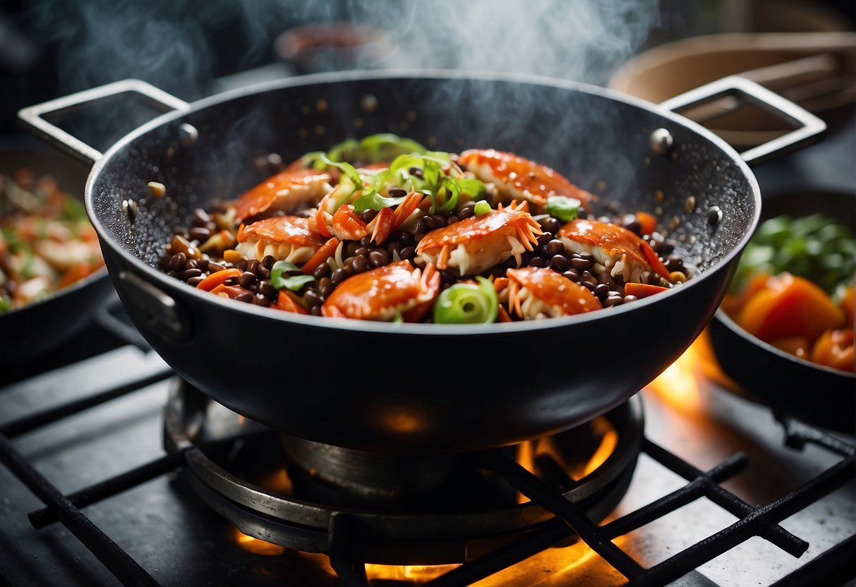 Crab being stir-fried with black bean sauce in a wok