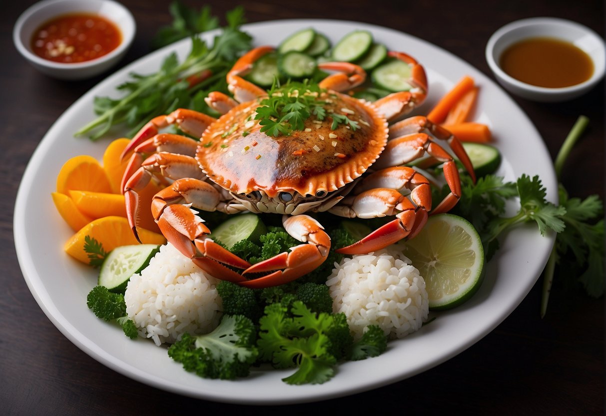 A platter of steamed Chinese crab garnished with fresh herbs and surrounded by colorful vegetables and dipping sauces
