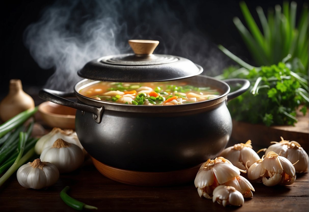A steaming pot of Chinese crab soup surrounded by ginger, garlic, and green onions. A ladle rests on the edge of the pot