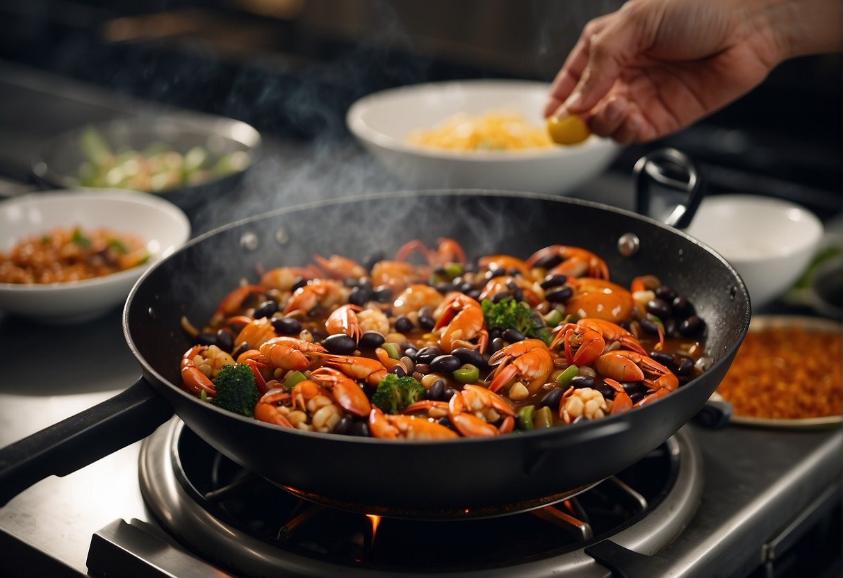 A wok sizzles with crab, black beans, and aromatic spices. A chef stirs the ingredients, following a recipe card