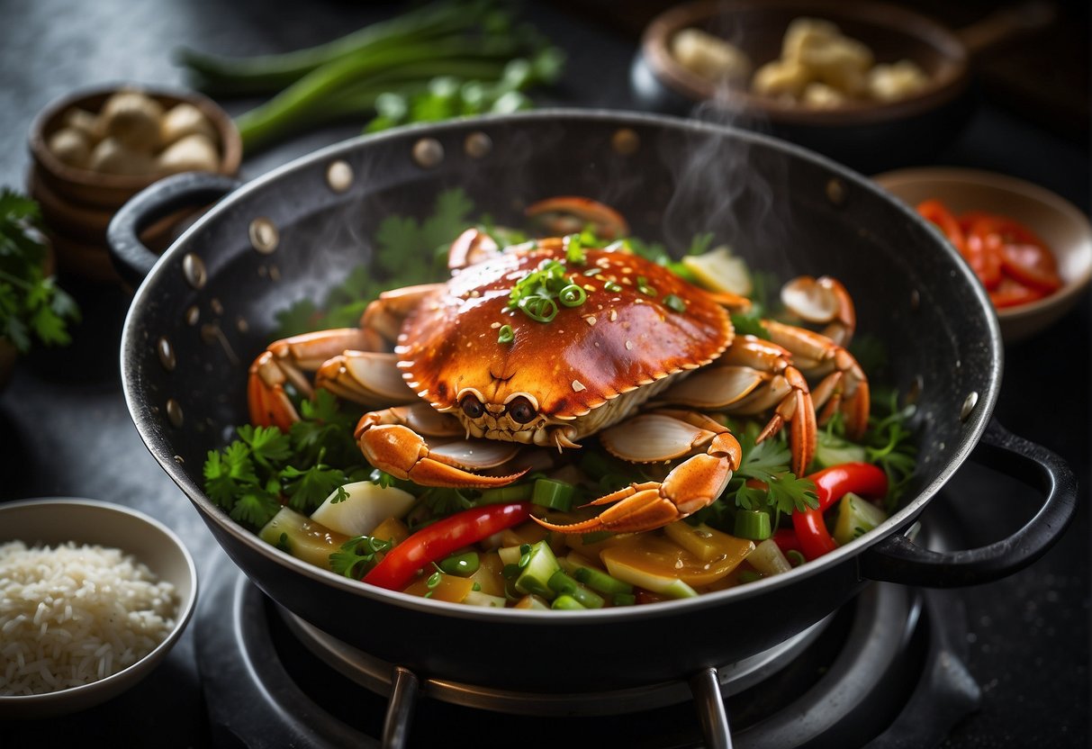 A steaming wok sizzles with ginger, garlic, and soy sauce as a whole crab is added, its shell turning bright red. Green onions and cilantro wait nearby for garnish