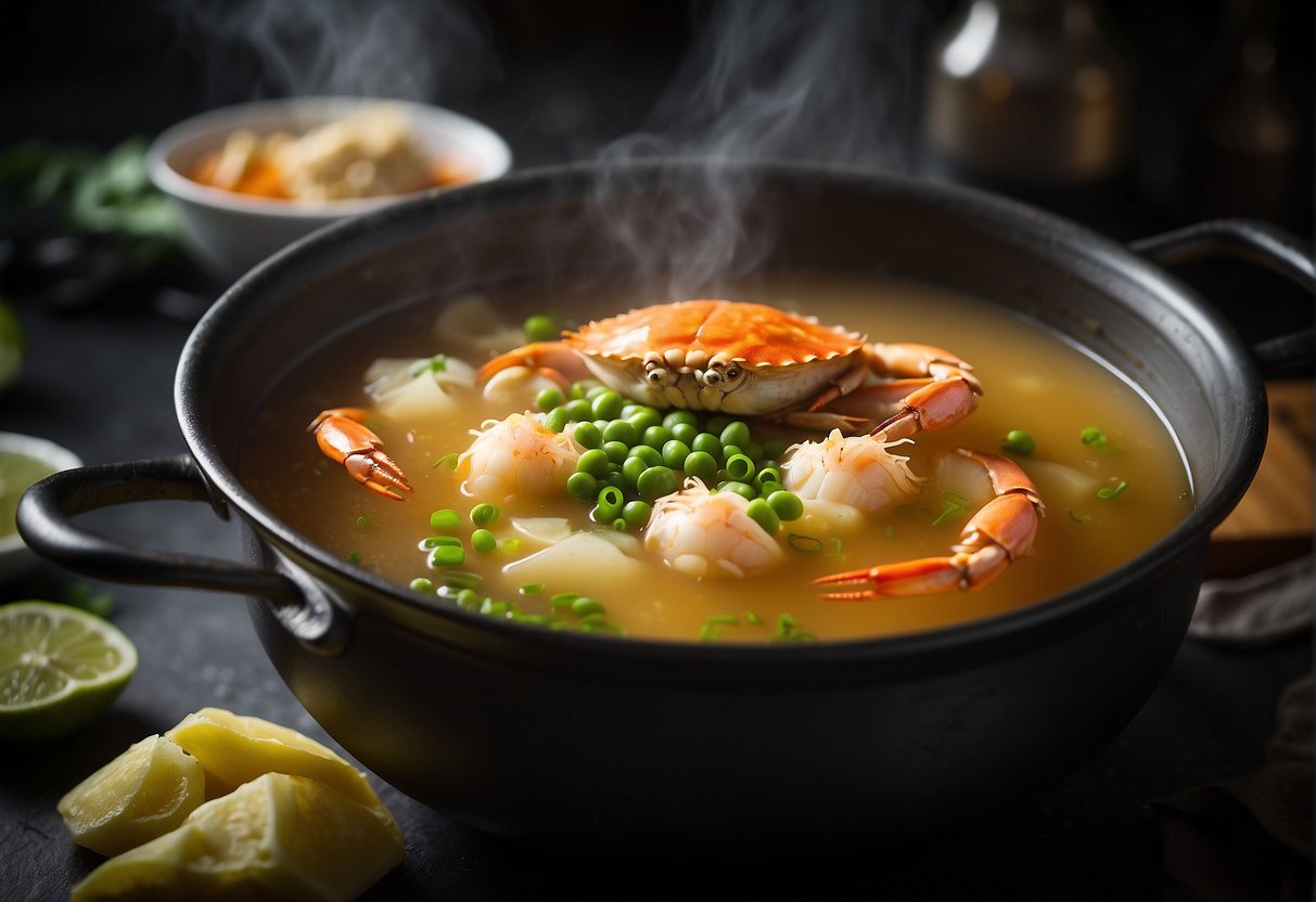 A pot simmers with crab, ginger, and broth. A chef adds soy sauce and green onions. Steam rises as the soup cooks