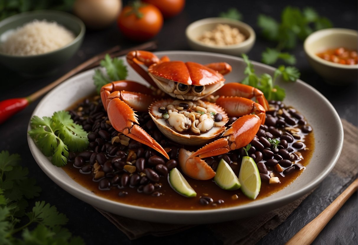 A table with a plate of Chinese crab in black bean sauce, surrounded by ingredients and a nutritional information label
