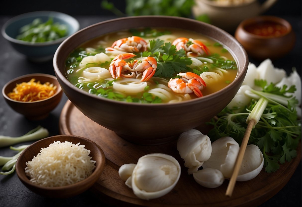 A steaming bowl of Chinese crab soup surrounded by fresh ingredients like ginger, scallions, and cilantro. A pair of chopsticks rests on the side