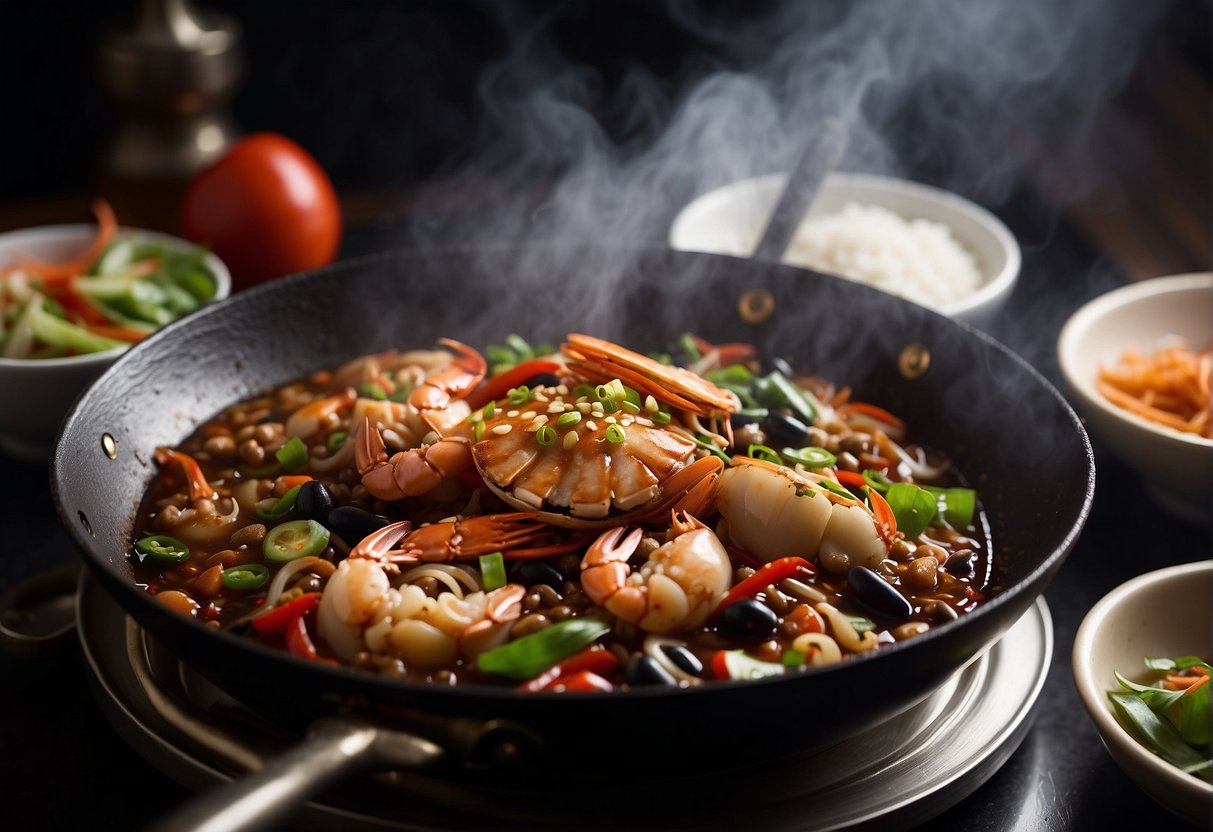 A steaming wok sizzles with stir-fried crab in a savory black bean sauce, surrounded by traditional Chinese cooking ingredients and utensils