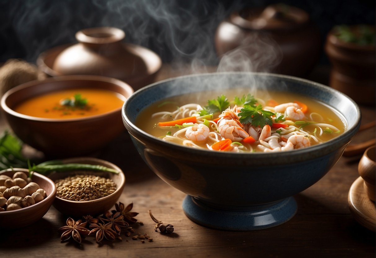 A steaming bowl of Chinese crab soup sits on a wooden table, surrounded by traditional Chinese herbs and spices. The rich aroma fills the air, symbolizing the cultural significance of this time-honored recipe