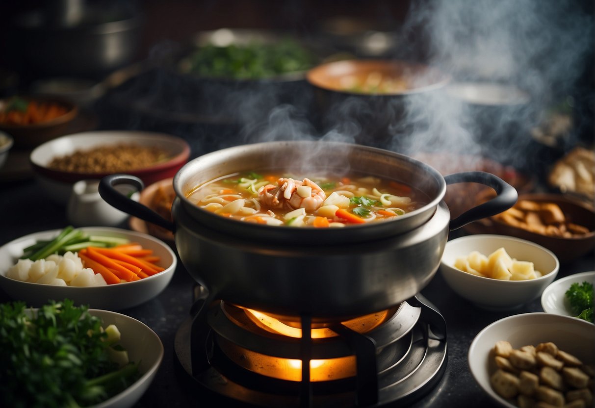 A steaming pot of Chinese crab soup simmers on a stove, filled with chunks of succulent crab meat, fresh vegetables, and aromatic spices