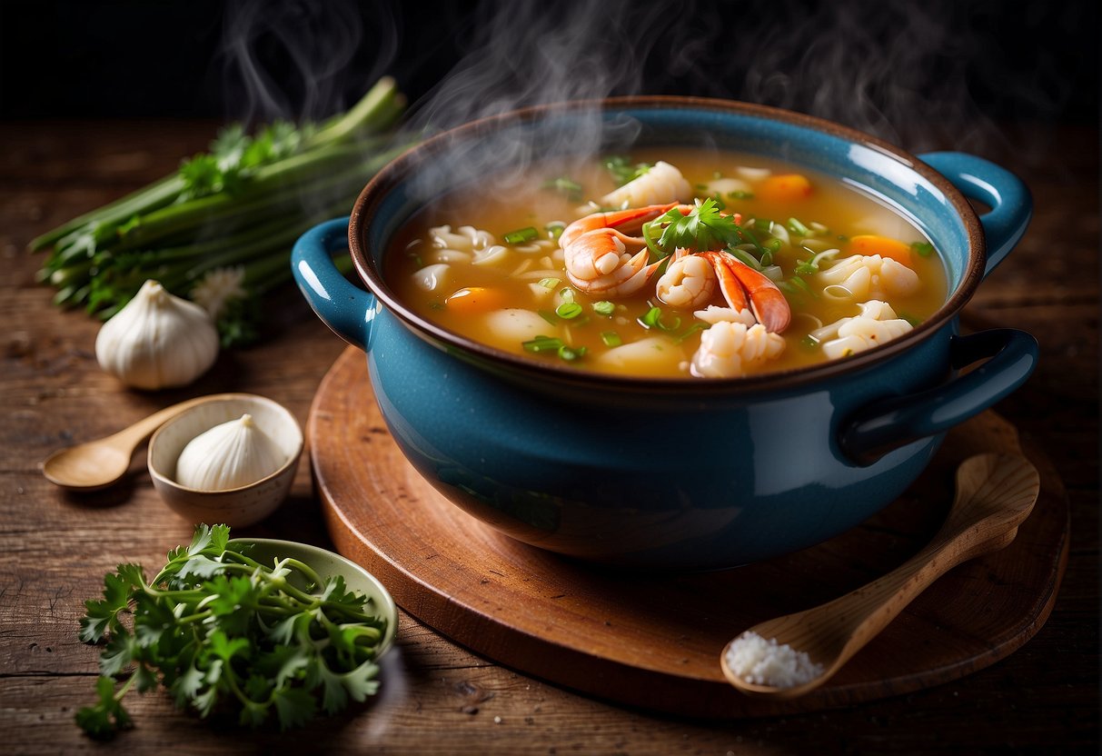 A steaming pot of Chinese crab soup surrounded by ingredients like ginger, scallions, and crab claws, with a bowl and spoon nearby