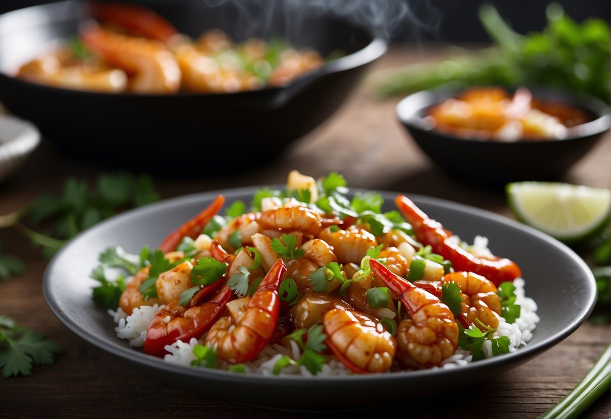 A wok sizzles with spicy garlic, ginger, and chilis, as fresh crawfish are tossed in a fragrant sauce of soy, hoisin, and rice wine. Green onions and cilantro garnish the dish