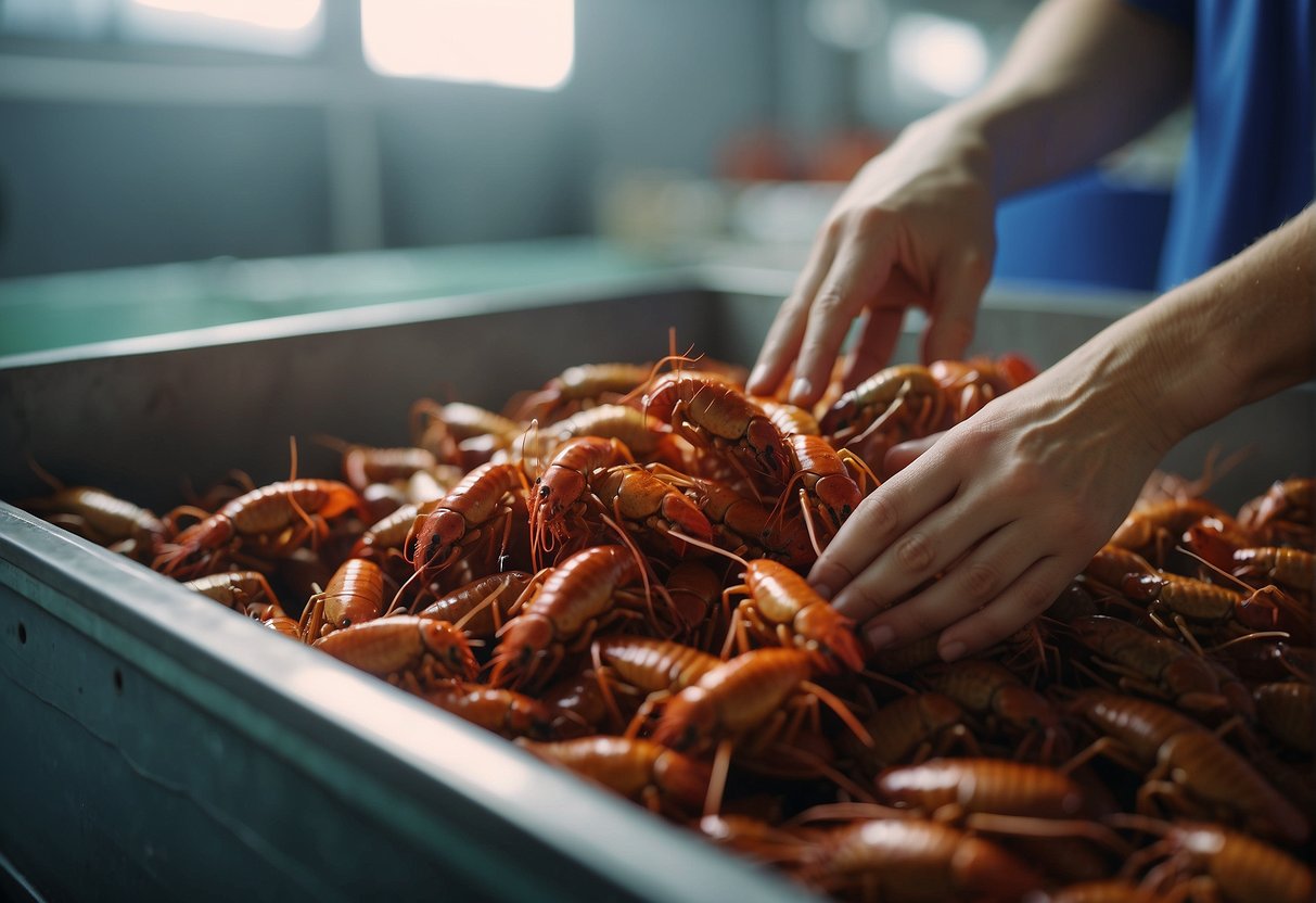 A person selects live crawfish from a tank, then cleans and prepares them for a Chinese crawfish recipe