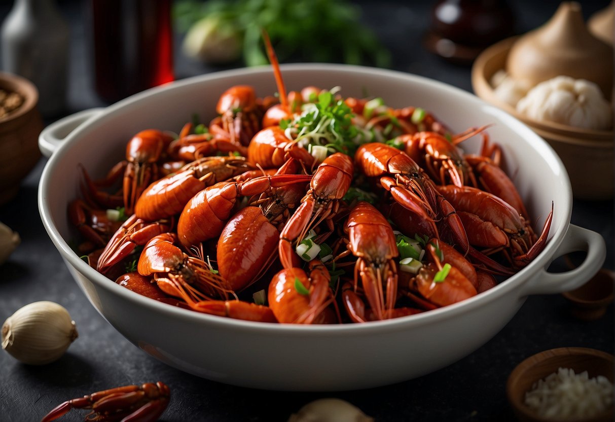 A steaming pot of Chinese crawfish, surrounded by fresh ginger, garlic, scallions, and Sichuan peppercorns. Soy sauce and Shaoxing wine sit nearby