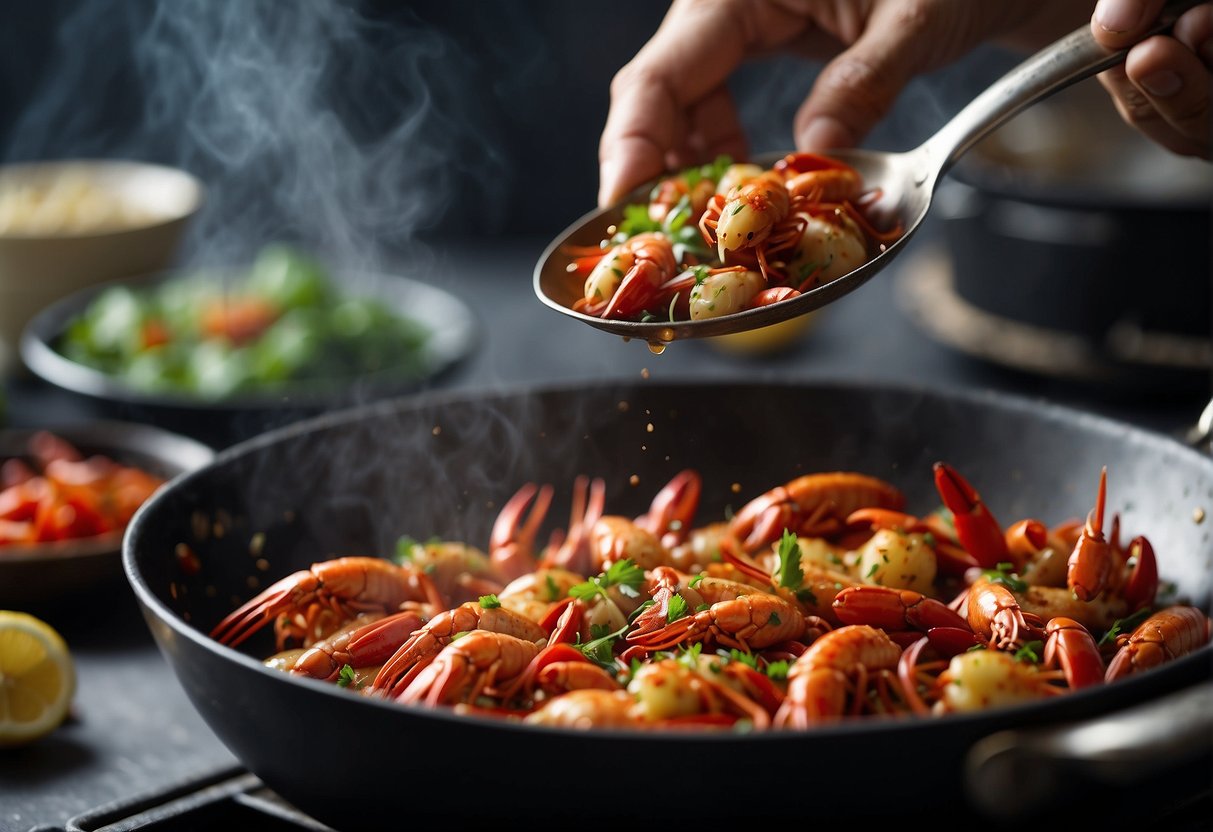 Crawfish being stir-fried in a wok with ginger, garlic, and chili peppers. The chef uses a ladle to toss the crawfish in the fragrant sauce