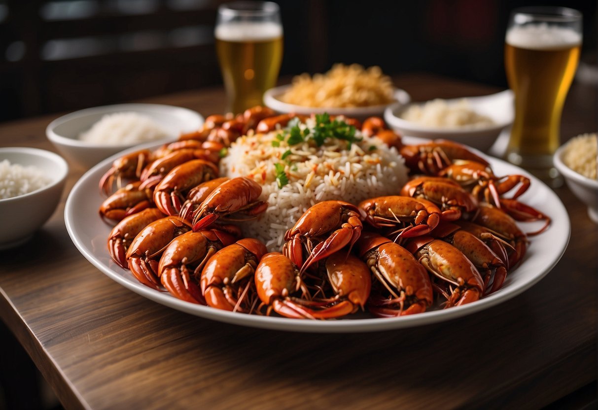 A table set with a platter of spicy Chinese crawfish, surrounded by bowls of rice, chopsticks, and glasses of cold beer