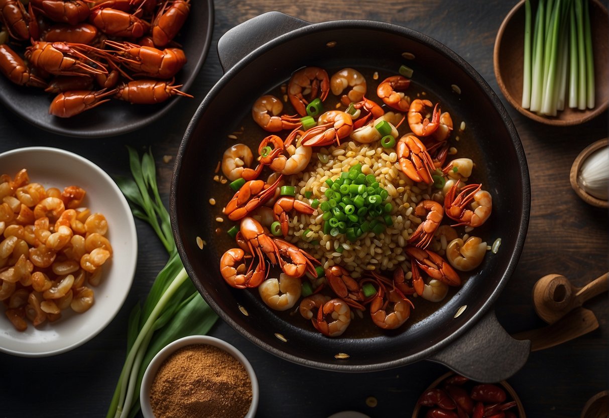 A table with ingredients like Sichuan peppercorns, garlic, and green onions, a wok sizzling with spicy sauce, and a pile of fresh crawfish