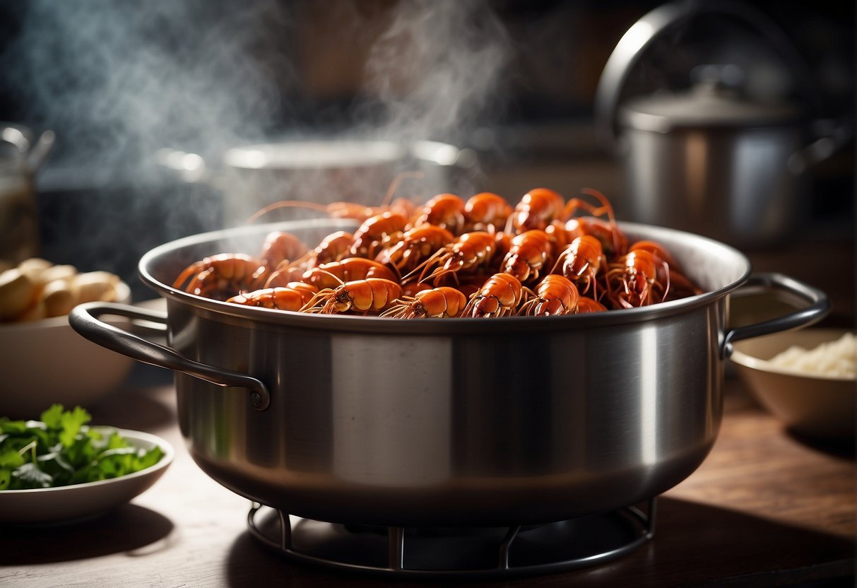 A large pot of boiling water with Chinese spices, ginger, and garlic. Fresh crawfish being added to the pot and simmering. Text "Frequently Asked Questions Chinese Crawfish Recipe" displayed nearby