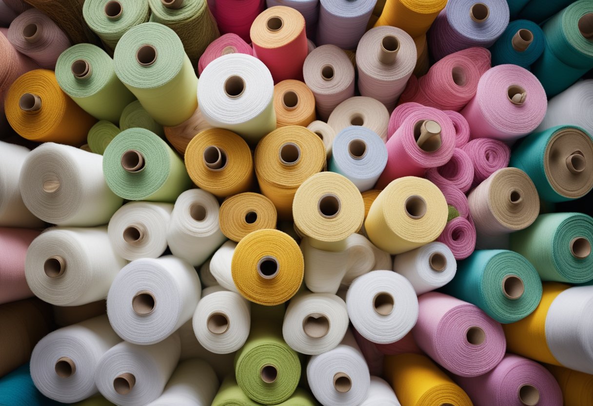 A pile of soft, white cotton bales stands beside a stack of vibrant, colorful rayon spools