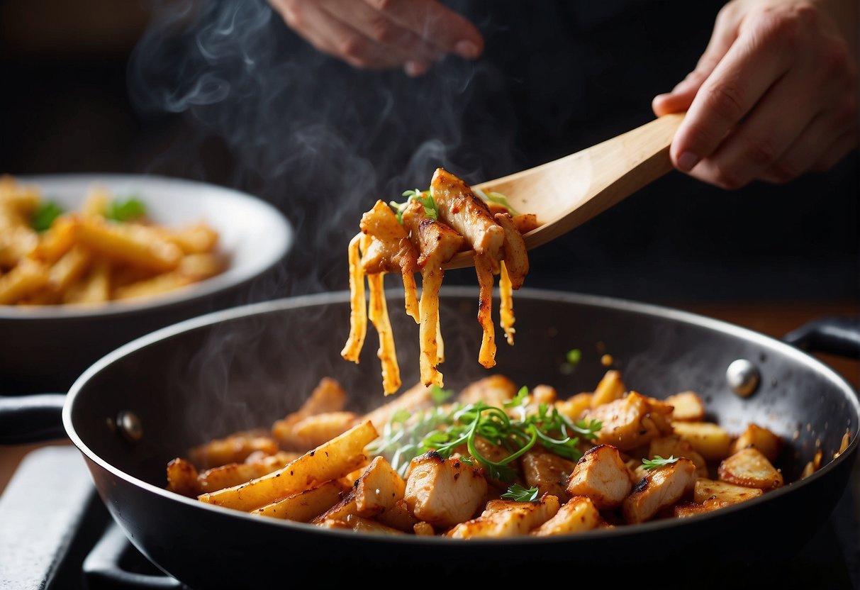 A sizzling wok fries marinated chicken pieces until golden brown. Steam rises as the chef sprinkles on a secret blend of spices