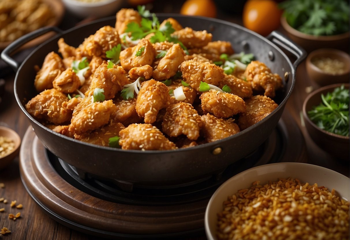 Golden, crunchy chicken pieces sizzle in a wok, surrounded by aromatic spices and herbs. A steaming plate of Chinese crispy chicken awaits to be savored
