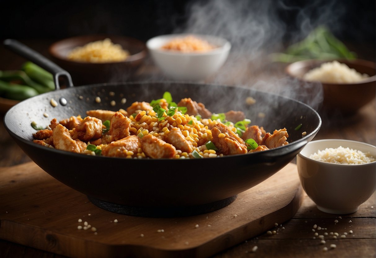 A wok sizzles with crispy chicken, soy sauce, garlic, and ginger. Bowls of cornstarch, egg, and flour sit nearby for coating