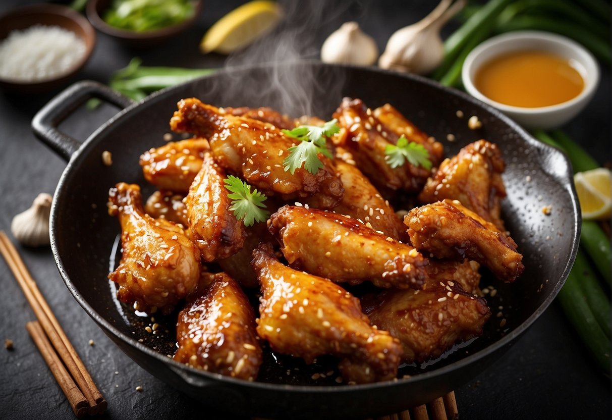 Golden crispy chicken wings sizzling in a wok with a fragrant mix of soy sauce, ginger, garlic, and honey